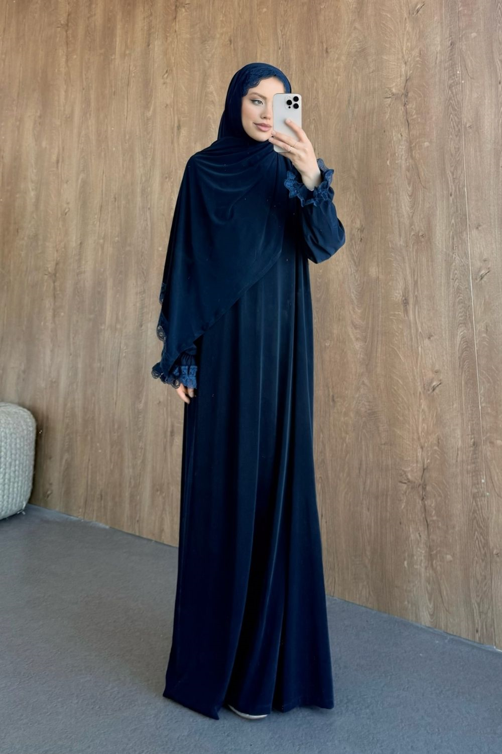 Kendinden Şallı Namaz Elbise Lacivert