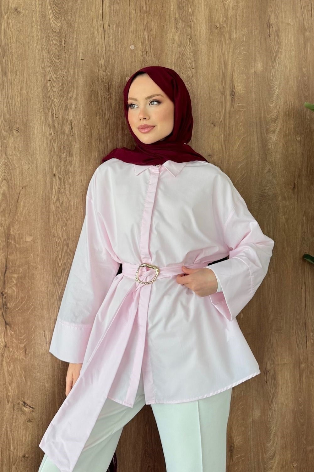 Toka Detaylı Kuşaklı Gömlek Pembe