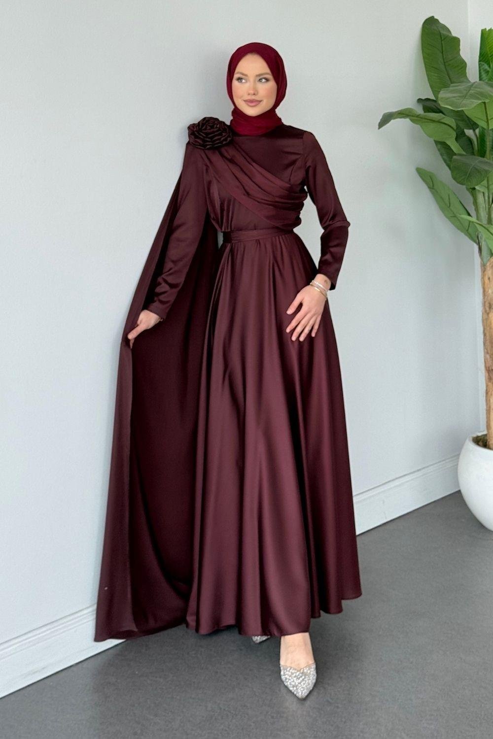 Fularlı Saten Abiye Mürdüm
